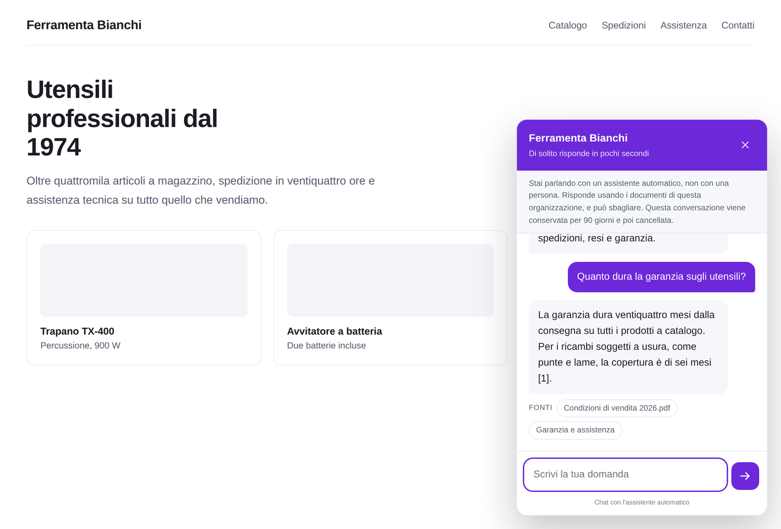 The chat window on a site, with the AI notice above the first message