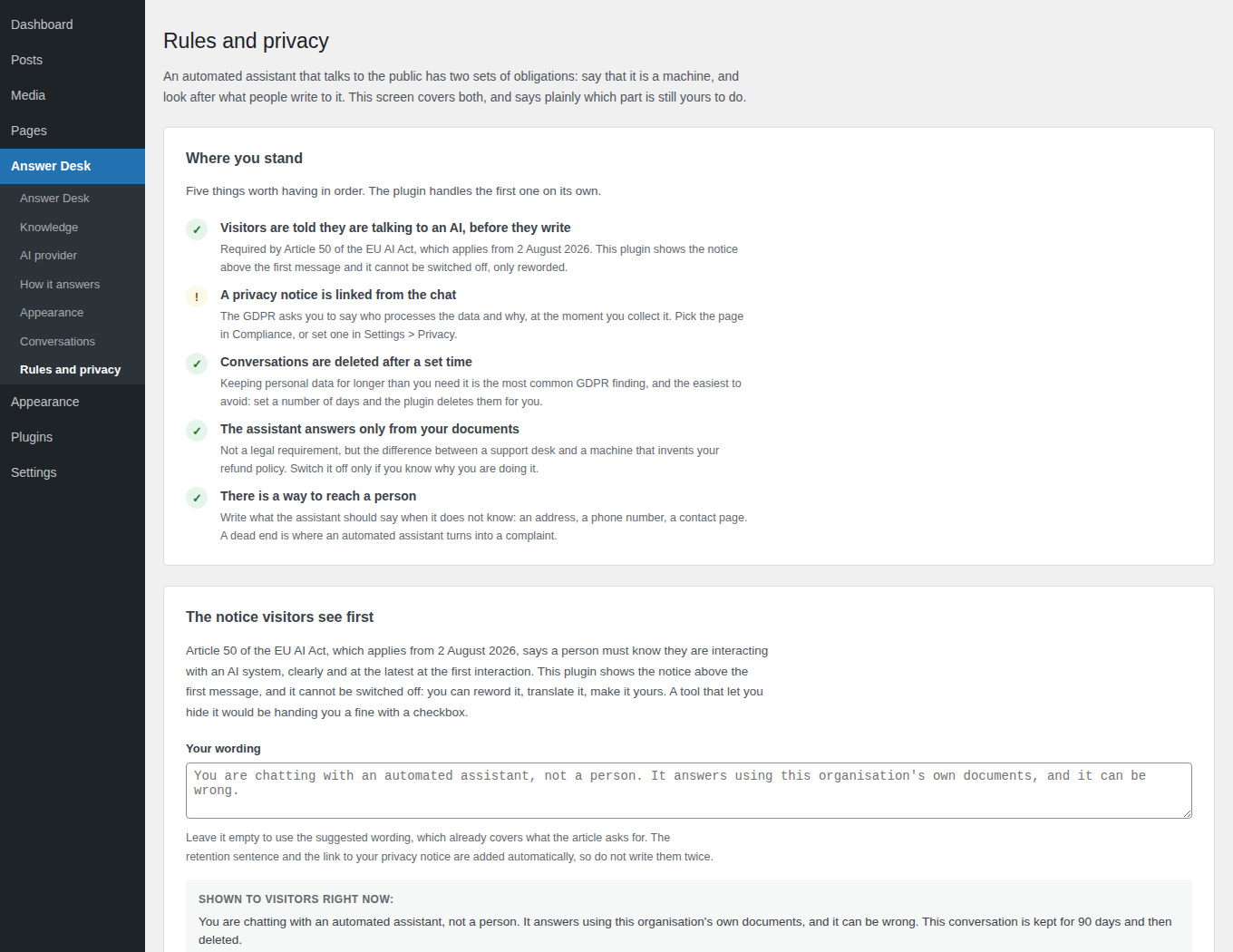 The compliance screen, listing what is in order and what is still to do