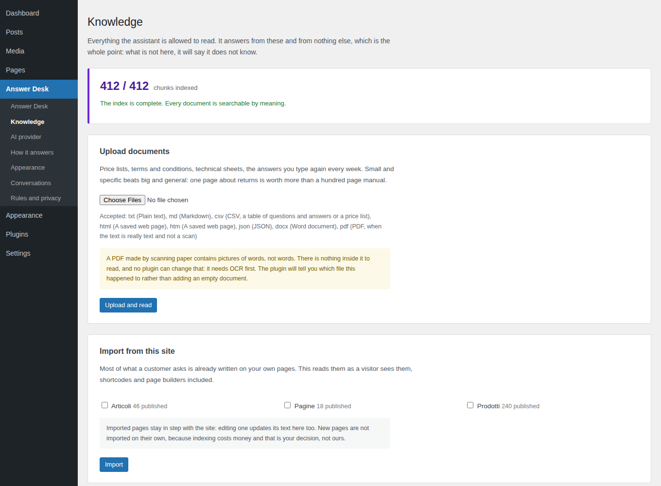 The Knowledge screen, with the documents and the state of the index