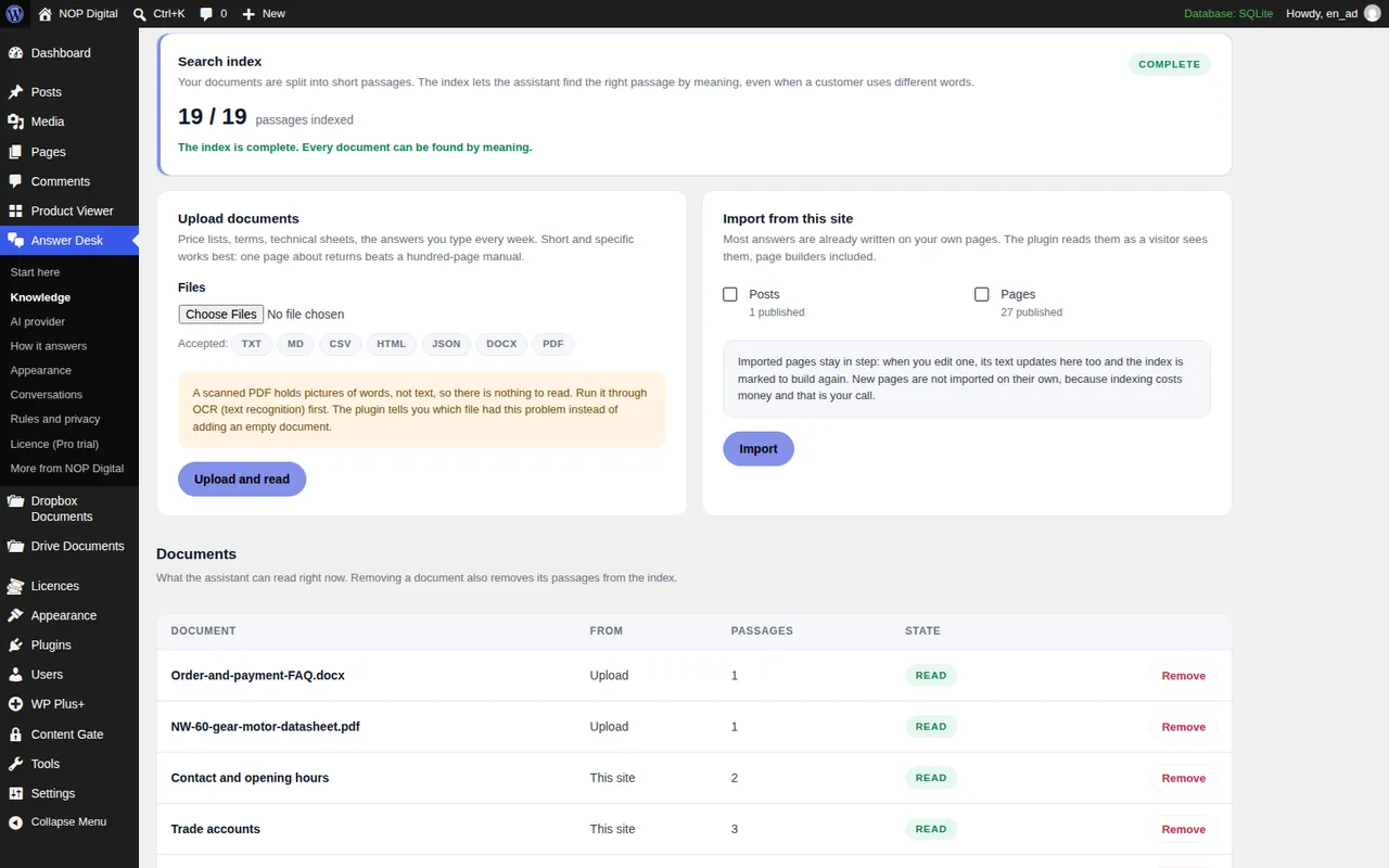 Answer Desk Knowledge screen in WordPress with a complete search index of 19 passages, the Upload documents and Import from this site cards, and a list of documents marked Read