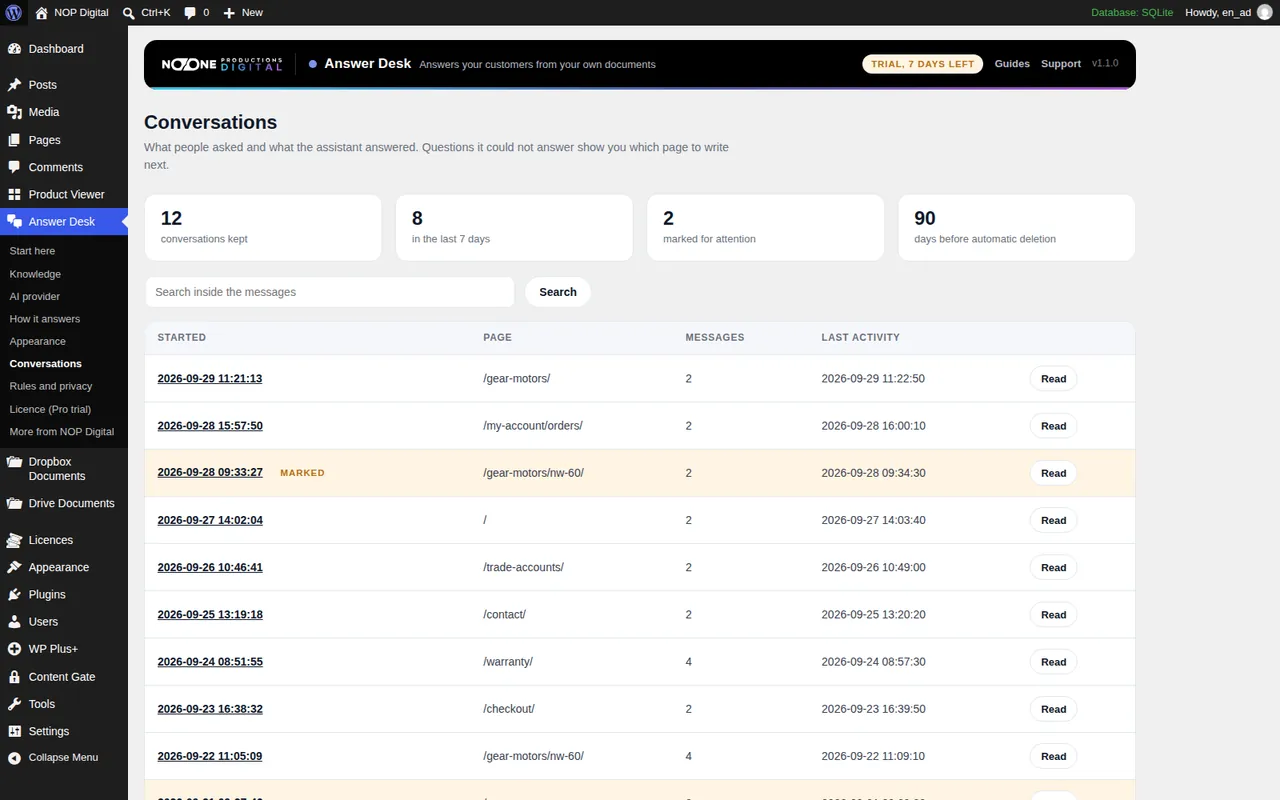 Pantalla Conversations de Answer Desk en WordPress con 12 conversaciones guardadas, 2 marcadas para revisar y 90 días antes del borrado automático, sobre una lista de conversaciones por fecha y página