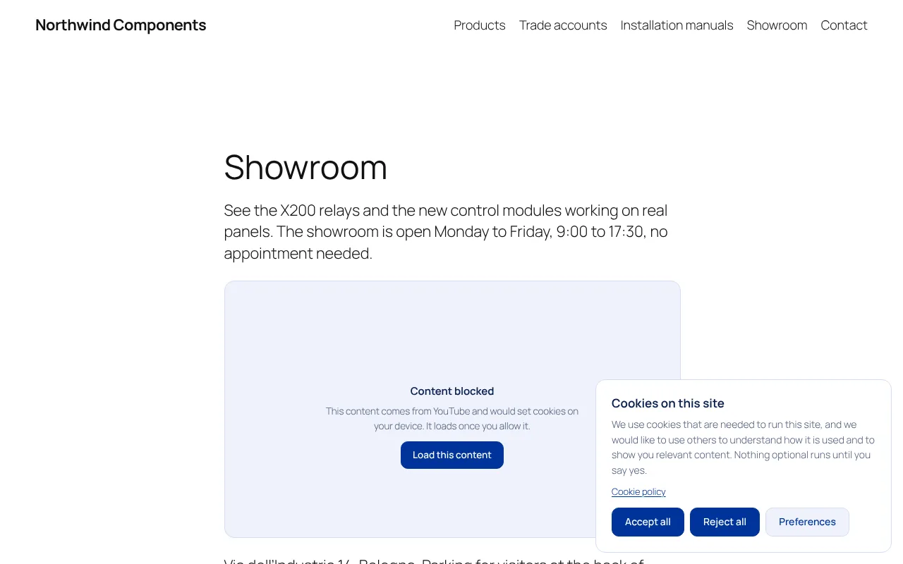 WordPress site with the Cookie Consent banner in the bottom-right corner, showing Accept all, Reject all and Preferences buttons of equal size