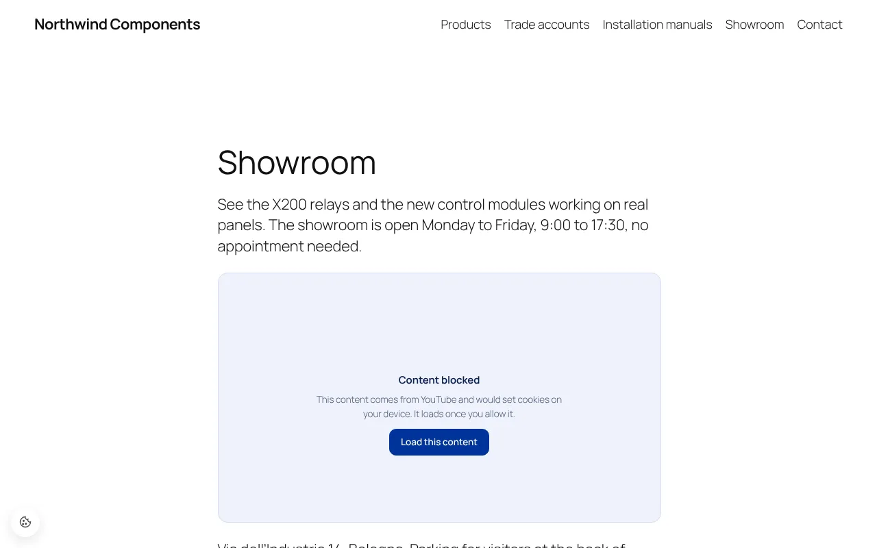 WordPress page where an embedded YouTube video is replaced by a Cookie Consent box titled Content blocked, naming YouTube, with a Load this content button