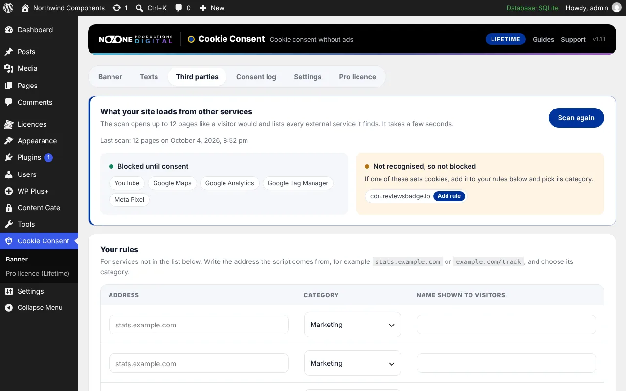 Cookie Consent Third parties tab in WordPress after a site scan, listing Google Analytics and Google Tag Manager under Blocked until consent