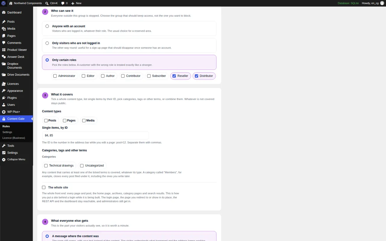 Content Gate rule editor with Only certain roles selected and the Reseller and Distributor roles ticked, and two page IDs entered under Single items, by ID