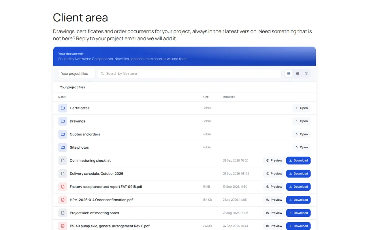 Client area page on a WordPress site showing Google Drive folders and files with Preview and Download buttons and a search field