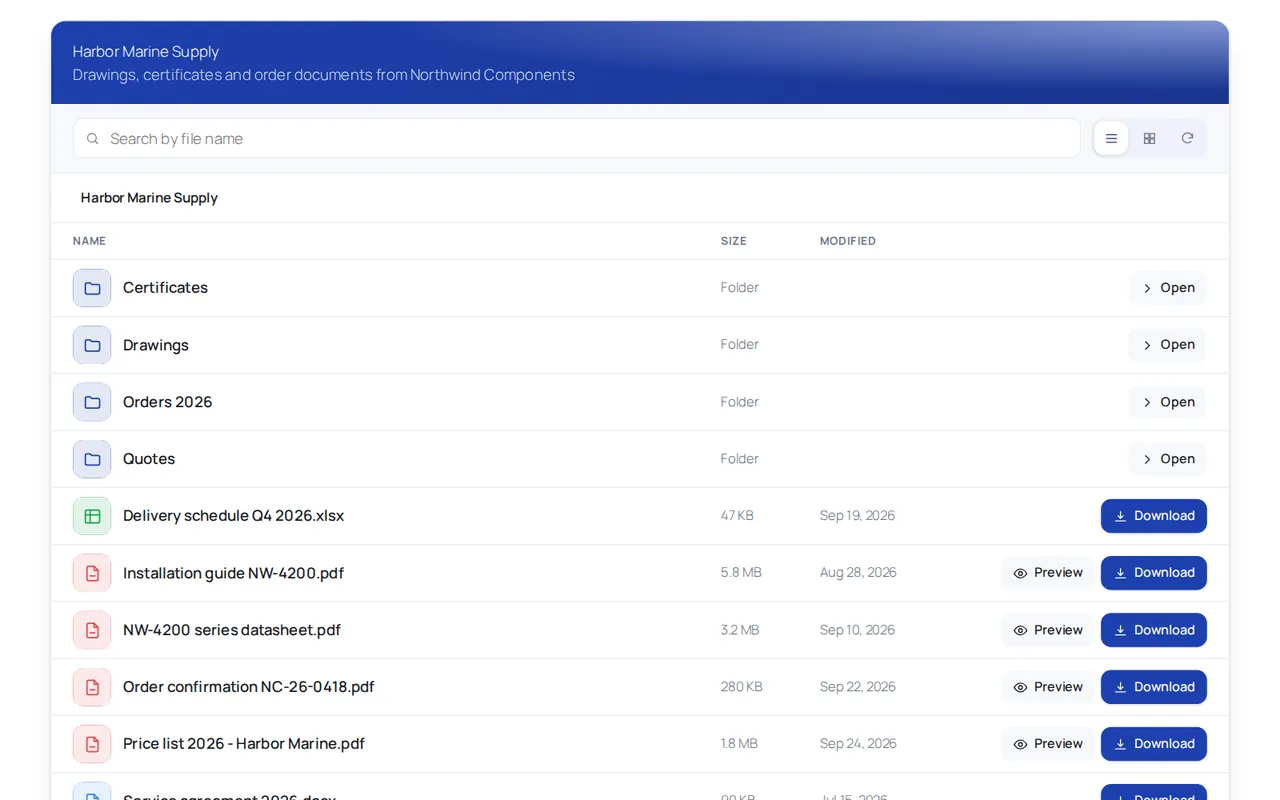 Client area on a website showing one client's folders (Certificates, Drawings, Orders 2026, Quotes) and files with Preview and Download buttons, plus a search box