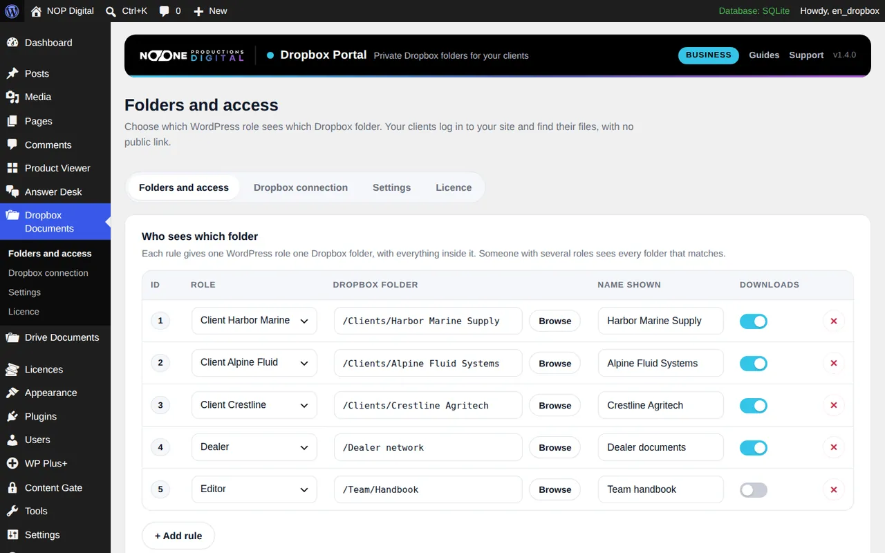 Écran Folders and access de Dropbox Portal avec cinq règles, chacune reliant un rôle WordPress comme Client Harbor Marine à un dossier Dropbox, avec un nom affiché et un interrupteur de téléchargement