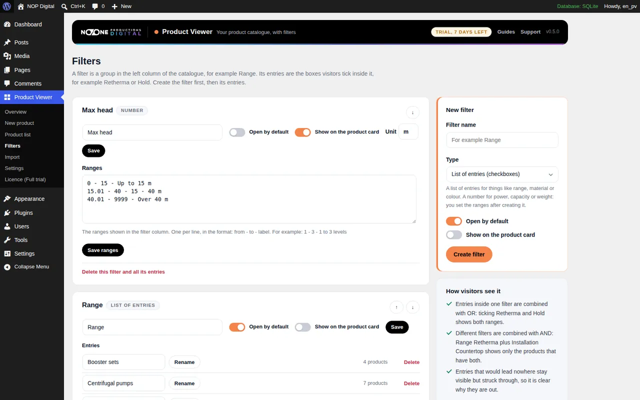 Schermata Filtri di Product Viewer nell'amministrazione di WordPress: un filtro numerico Max head con unità m e tre fasce, un filtro a elenco Range con le sue voci e il numero di prodotti, e il riquadro per creare un nuovo filtro