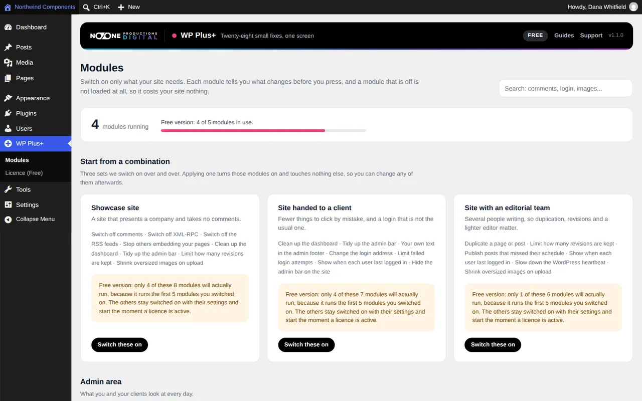 The Start from a combination section of WP Plus+, with the Showcase site, Site handed to a client and Site with an editorial team sets and a Switch these on button under each