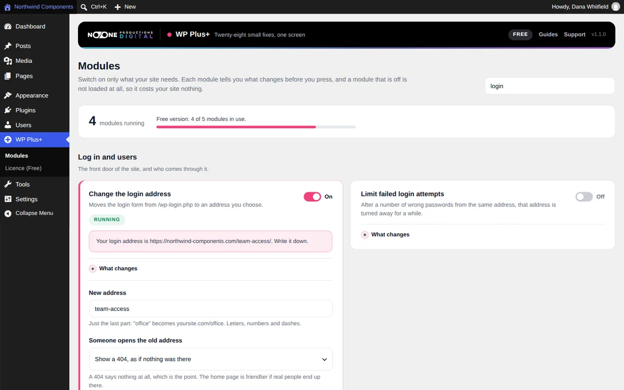 La tarjeta Change the login address de WP Plus+, activada y en funcionamiento, con el campo New address en team-access y la dirección antigua configurada para mostrar un 404