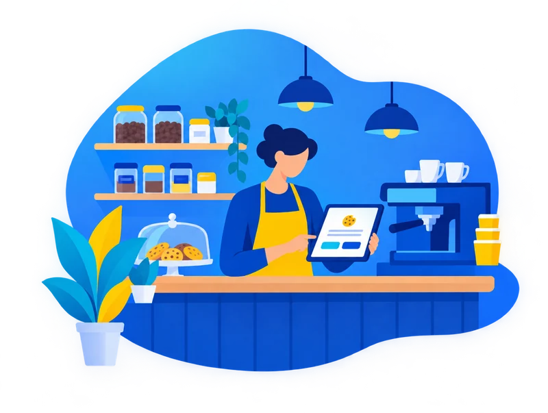 A shop owner behind the counter with a tablet