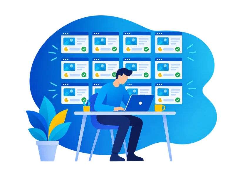 A web designer in front of a wall of client websites
