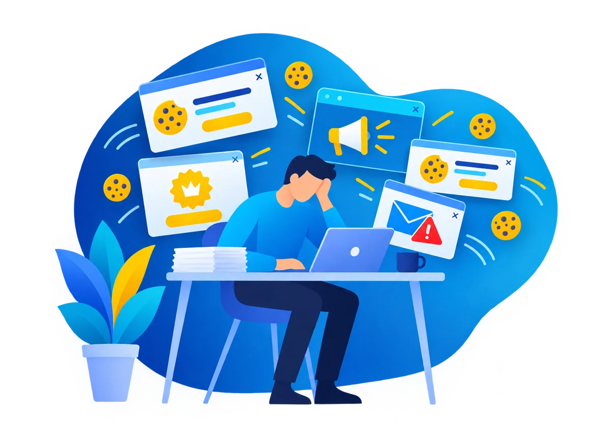 A tired business owner at his laptop, surrounded by cookie pop-ups and adverts