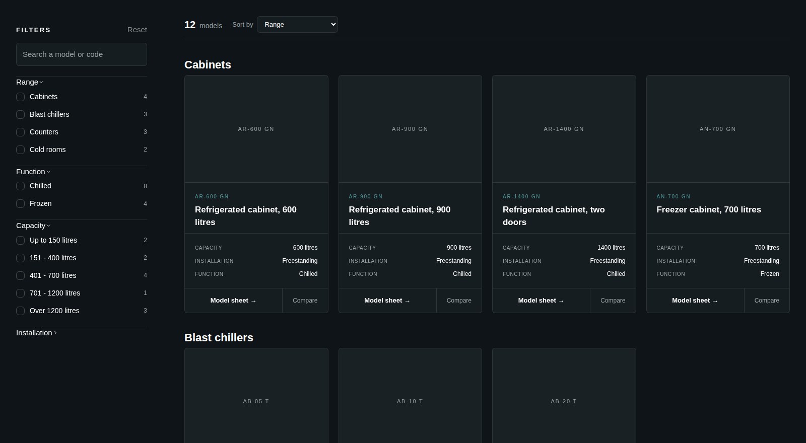 Catalogue with the filter column on the left and product cards on the right