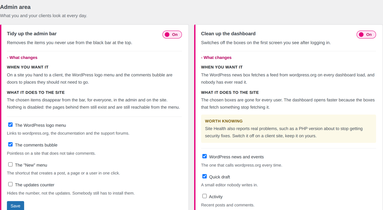 Two module cards with their explanation open